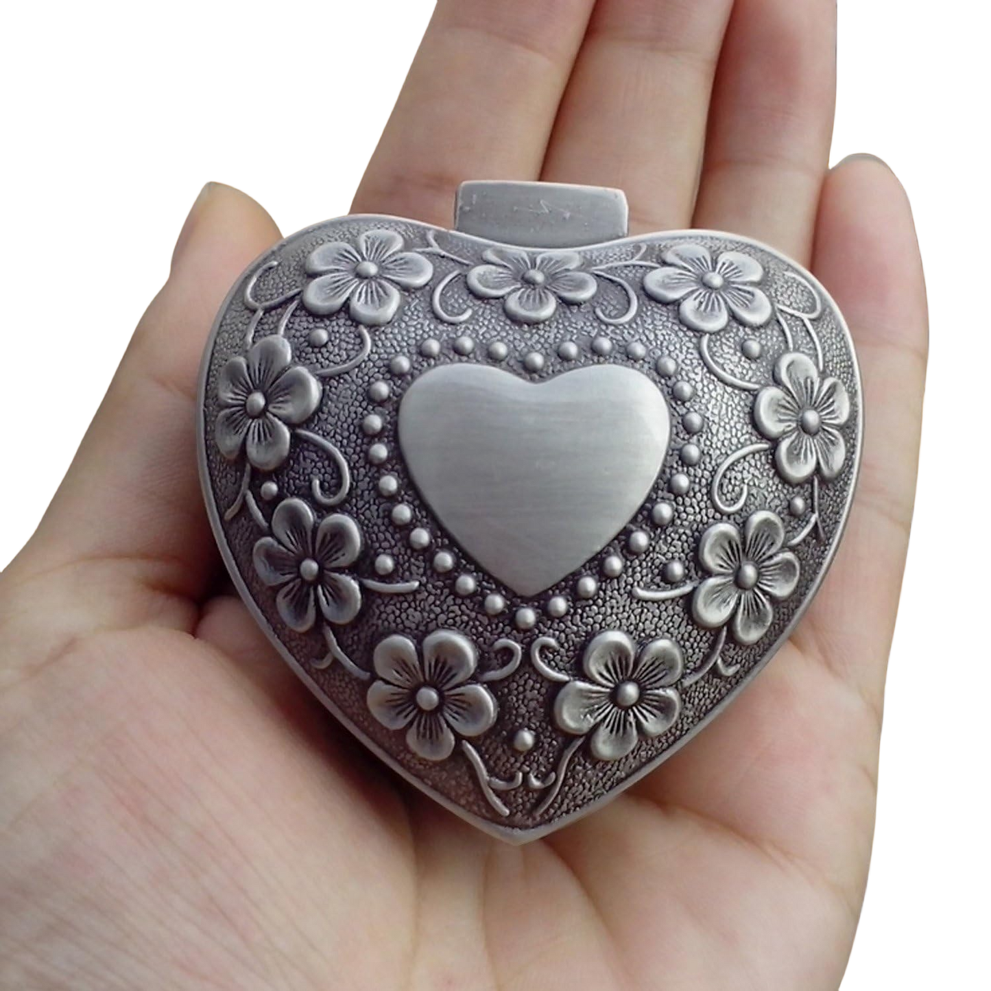 L&L Vintage Antique Heart Shape Jewelry Box Ring Small Trinket Storage Organizer Chest Christmas Gift, Silver